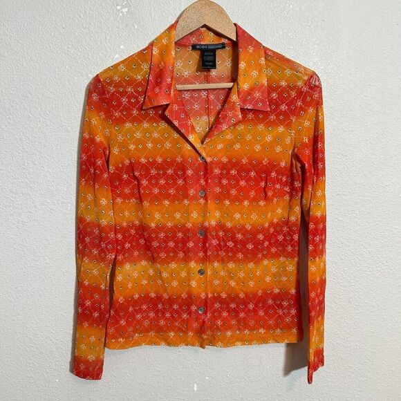 VTG Y2K BCBG Mesh Sheer Button Up Shirt L Floral Long Sleeve Collar 90s - Picture 2 of 6